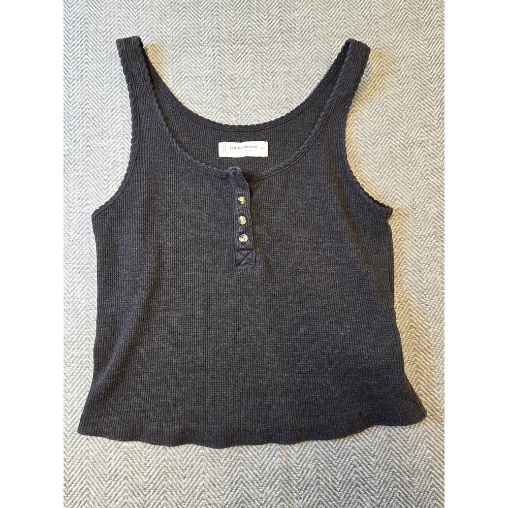 Lucky Brand Henley Tank Top Women's XS Charcoal Gray Waffle Knit Scalloped Trim